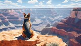 Dog sitting at the edge of the cliff at Grand Canyon National Park. Concept of travel, exploration, achievement. Generative ai illustration.