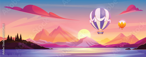 Hot air balloons flying above river and mountain range on horizon. Vector cartoon illustration of beautiful natural landscape with pine forest on rocky hills, aerostat above water surface, sunset sky
