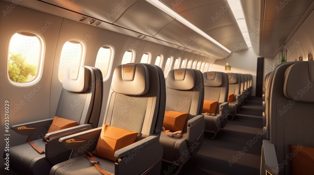 Empty passenger airplane seats in the cabin. Generative AI