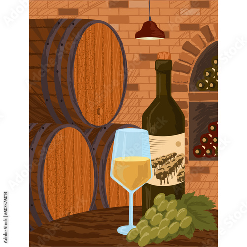 Wine wooden barrels in winery cellar vector poster