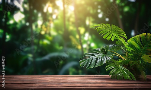 Blurred Green Nature Background with Wooden Table and Copy Space. Product Display. Generative AI illustrations.
