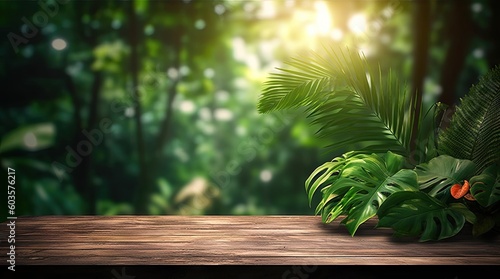 Blurred Green Nature Background with Wooden Table and Copy Space. Product Display. Generative AI illustrations.