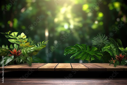 Blurred Green Nature Background with Wooden Table and Copy Space. Product Display. Generative AI illustrations.