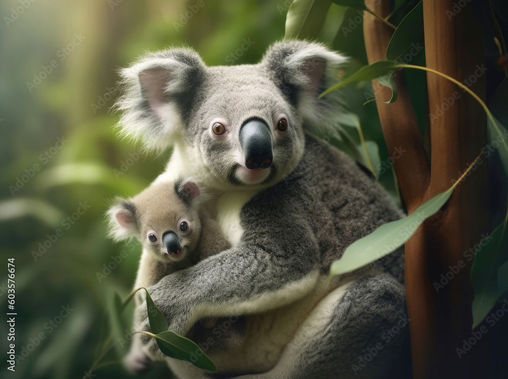 Fototapeta premium A mother koala with her baby in the forest