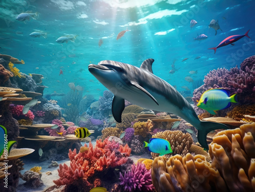Dolphin with group of colorful fish and sea animals with colorful coral underwater in the ocean © Tatiana