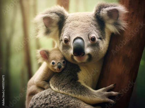 A mother koala with her baby in the forest © Tatiana