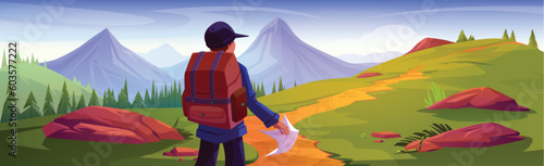 Man travel and explore mountain adventure vector. Tourist character trekking and discovery nature with backpack on wilderness path cartoon landscape illustration. Young guy explorer mountaineering