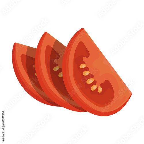 Slices of tomato. Tomato wedges and slices, halved and thinly sliced for salads and snacks. Flat cartoon vector isolated on white back