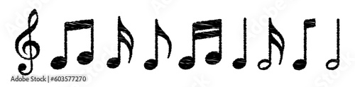 Music notes hand drawn black signs. Musical kid hand made key symbol. background. Music note symbols with treble clef (Full Vector)