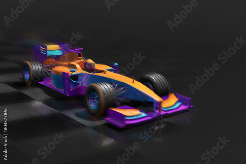 3D illustration of a generic formula one racing car with vibrant colors contrasting sharply against  the dark background. The motion blur effect adds a dynamic element to the image