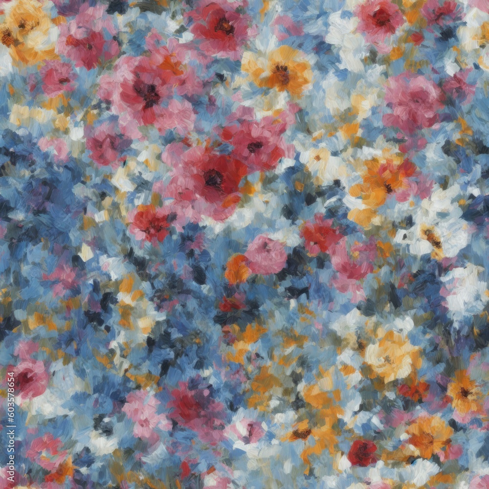 Flowers abstract illustration, seamless pattern. Created by a stable diffusion neural network.