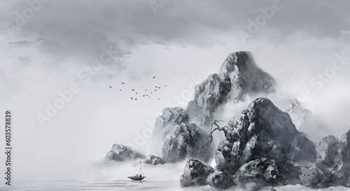 Chinese style ink realistic landscape painting scene illustration background photo