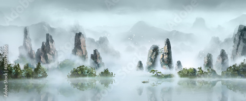 Zhangjiajie ink wash landscape painting with a Chinese style landscape background