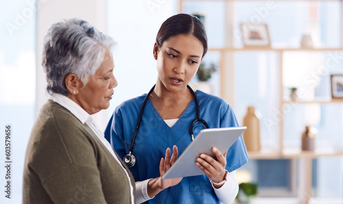 Telehealth, senior woman or doctor with digital tablet, consultation or planning treatment for cure. Female person, employee or medical professional with a patient, women or technology for healthcare