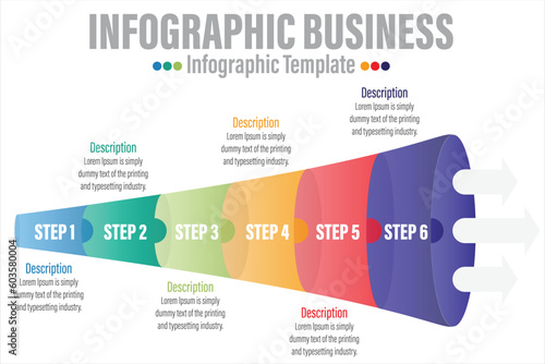 Infographic funnel block chart concept for slide presentation with six 6 Steps, six 6 option, Six 6 point list and funnels shape pyramid cone direction