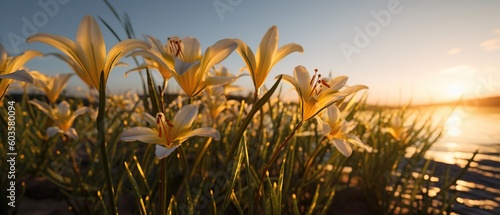 White lily flowers in the field at sunshine. Beautiful floral background
Created with generative AI technology.