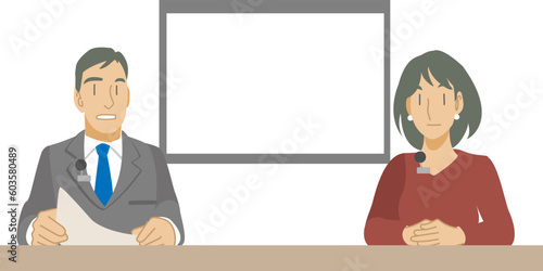真摯にニュースを伝えるアナウンサーのイラスト
