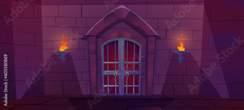Castle dungeon brick wall cartoon background for game. Dark ancient fantasy palace corridor interior illustration underground scene. Tower indoor doorway to knock with torch fire light scene.