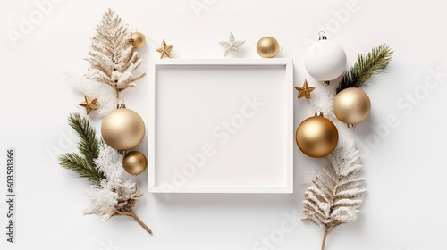 Christmas composition. Gift box with blank frame copy space, fir branches, Christmas baubles on white background. Flat lay, top view festive holiday mockup. Generative AI