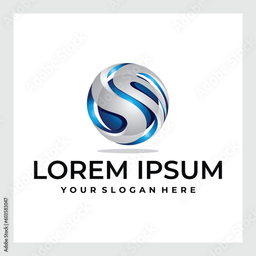 Abstract 3D sphere logo with a silver letter S wrap-around design and blue metallic accents, a modern global technology concept vector illustration