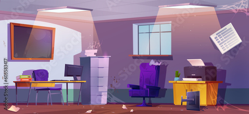 Abandoned police office station interior vector. Detective desk in dirty room department with broken computer, messy paper and investigator table. Window and blackboard on wall with spider web scene.