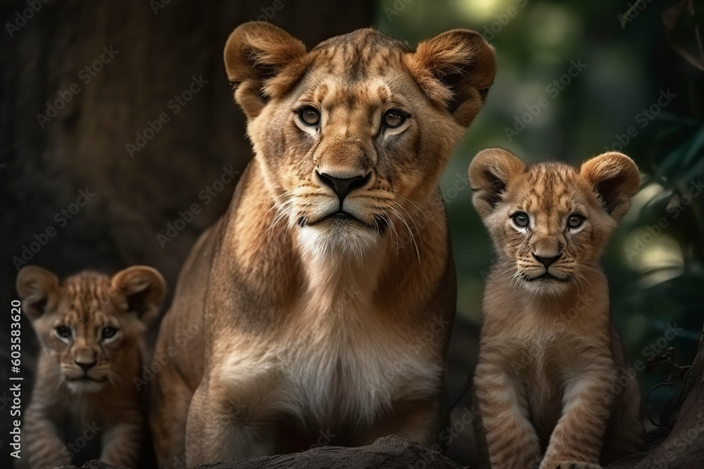 Lioness with lion cubs. Generative AI. Lioness with lion cubs. Generative AI.