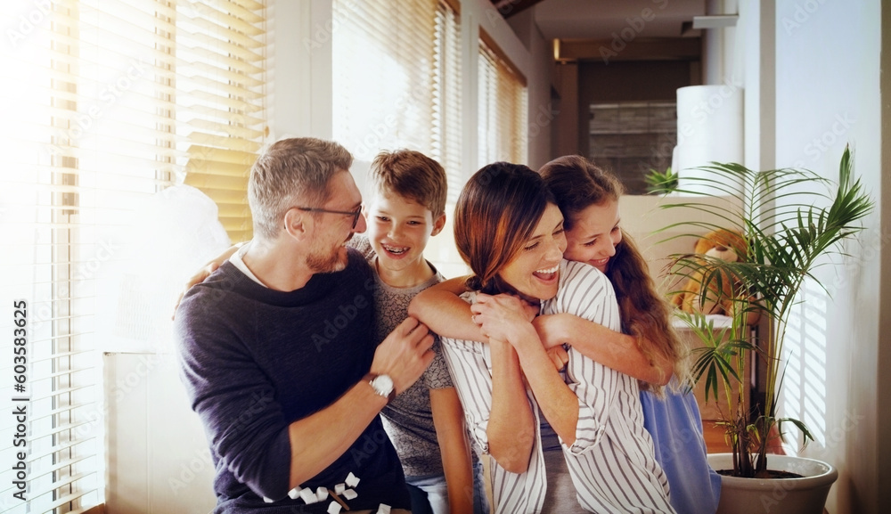 Happy, love and family in their new home, moving and loving with embrace, laughing and cheerful together. Parents, mother and father with kids, children and siblings in an apartment and milestone Happy, love and family in their new home, moving and loving with embrace, laughing and cheerful together. Parents, mother and father with kids, children and siblings in an apartment and milestone