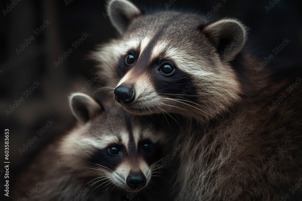 Mother raccoon with little raccoon. Generative AI.