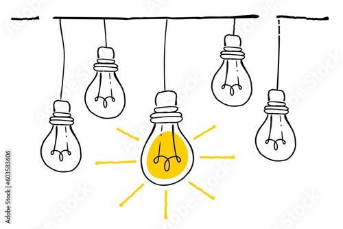 An image of a group of light bulbs connected to each other, vintage line drawing or engraving idea illustration.