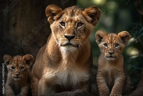 Lioness with lion cubs. Generative AI. © YULIYA