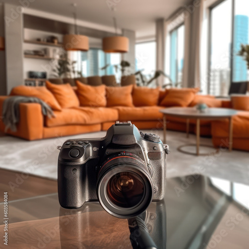 Professional photographer taking indoor pictures of renovated office. Camera on tripod details