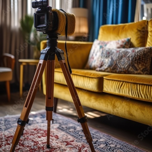 Camera on a tripod taking photographs of interior design, furniture and houses. 3d render, generative ai photo