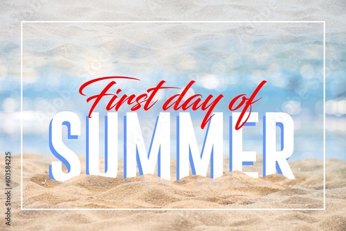 First day of Summer, Summertime season background with hand lettering and Summer orange leaves and flower for business