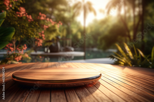 Wooden table in front of blurred tropical background, Generative AI
