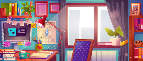 Home office with desk and computer for remote work. Modern room interior with student or employee workplace with table, monitor, window, shelves and books, vector cartoon illustration