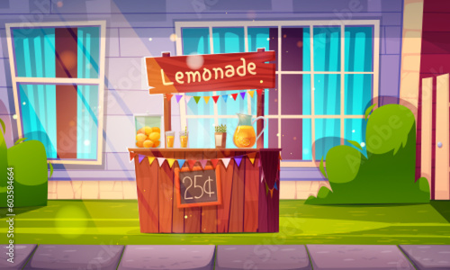 Lemonade stand  stall for sale lemon juice. Summer landscape of garden or backyard with market shop with fruits  glass jar with drink  straws and wooden signboard  vector cartoon illustration