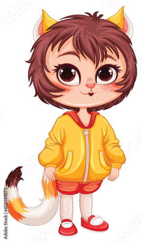 Little Cat Girl Hybrid in Fantasy Cartoon Style