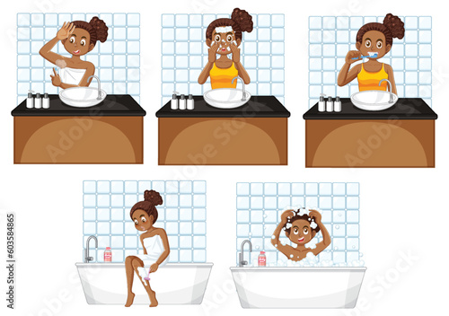 Set of female teen doing self care cleaning routine