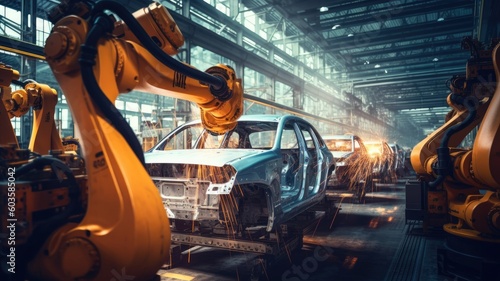 Generative AI illustration Automotive production line. Welding car body. Modern car Assembly plant © bannafarsai