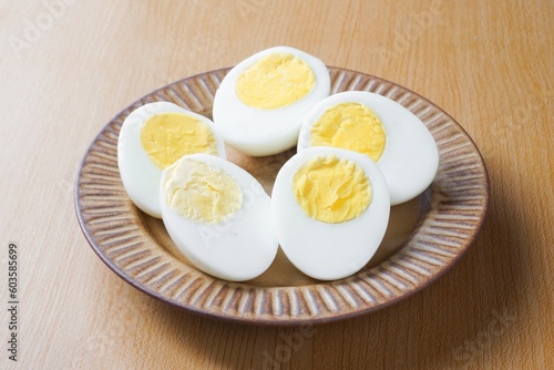 Slice boiled eggs on the table