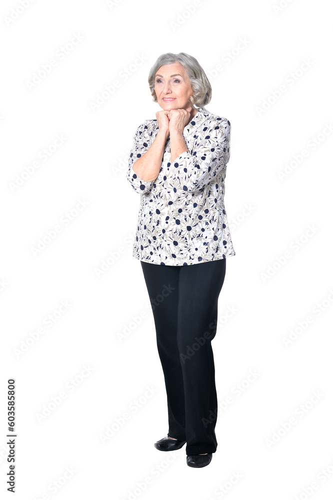 full length, happy senior woman posing isolated on white background full length, happy senior woman posing isolated on white background