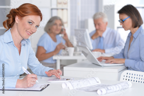 business woman working in office, her colleagues on background