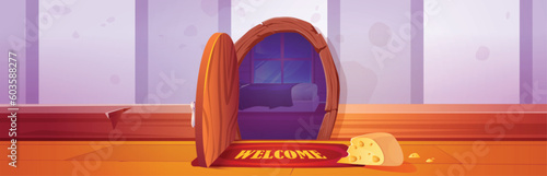 Cheese near mouse hole in room wall. Vector cartoon illustration of small bedroom with bed, window, wooden door in baseboard, cute welcome floor mat, piece of cheddar lying on floor for house rat