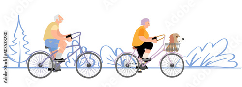 Seniors couple riding their bicycle. Active outdoor life style for elderly people. Grandfather and grandmother riding a bicycle. Summer activity. Vector illustration in cartoon style