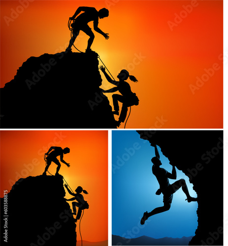 Hikers climbing up mountain. Silhouette of helping hand between two climber. couple hiking help each other silhouette in mountains with sunlight.