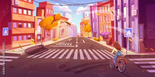 Young woman riding bicycle on autumn city street. Vector cartoon illustration of active girl cycling in town, museum building, shop facade, apartment houses, yellow foliage on trees. Urban lifestyle