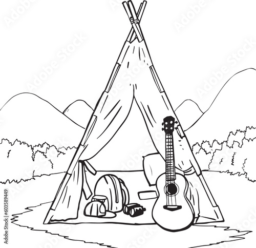 line cartoon camping travel mountain forest nature