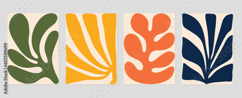 Set of abstract cover background inspired by matisse. Plants, leaf branch, coral in hand drawn style. Contemporary aesthetic illustrated design for wall art, decoration, wallpaper.