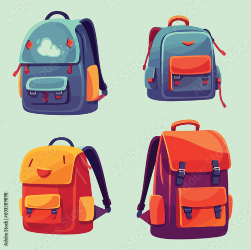 Kids Schoolbag set Colortful School Backpacks Hand Drawn Vector Cartoon Illustration