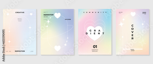 Fluid gradient background vector. Cute and minimal style posters with colorful, geometric shapes, star, heart and liquid color. Modern wallpaper design for social media, idol poster, banner, flyer.